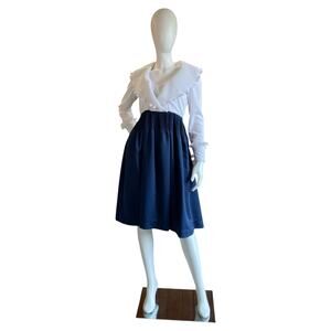 1970s Vintage Felix Arbeo Blue White Pleated Collar Hostess Dress